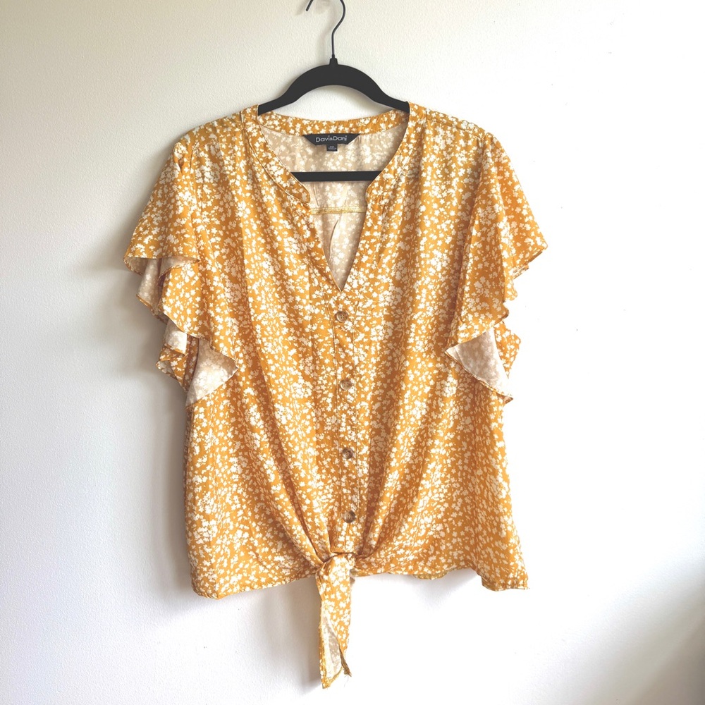 Davi & Dani Floral Yellow Blouse with Tie Front